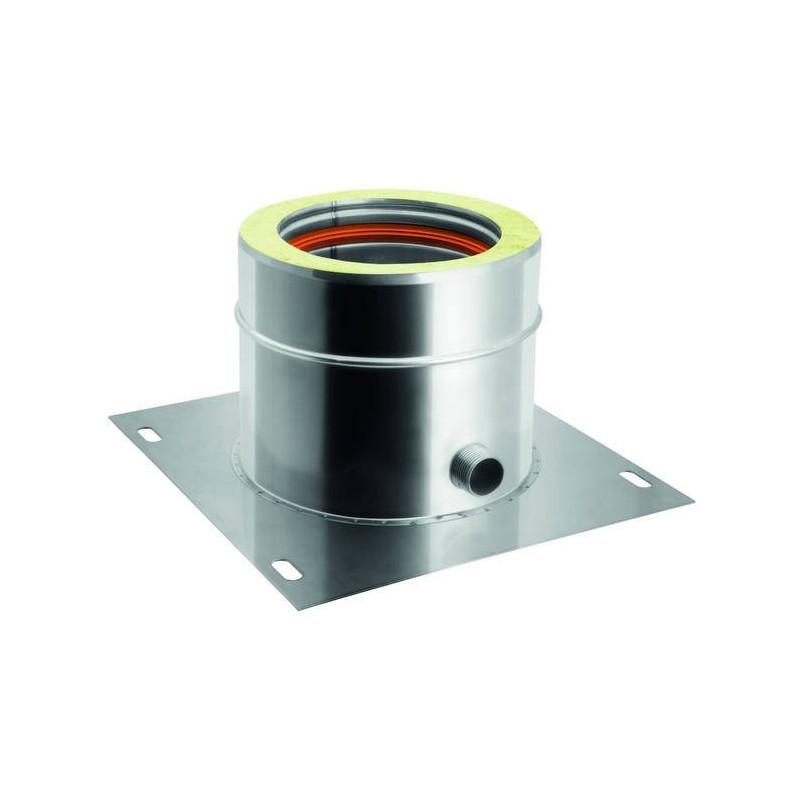 Base plate with lateral flue pipe condensation drain